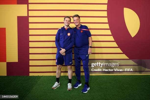 Louis van Gaal, Head Coach of Netherlands, and Frenkie de Jong of Netherlands pose for a photo during the Netherlands Press Conference at the Main...