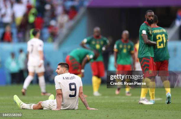 Aleksandar Mitrovic of Serbia reacts after the 3-3 draw in the FIFA World Cup Qatar 2022 Group G match between Cameroon and Serbia at Al Janoub...