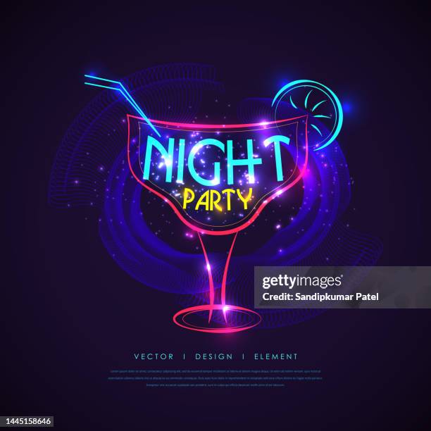 the neon poster night party. advertising travel on vacation to the sea - cocktail party invitation stock illustrations