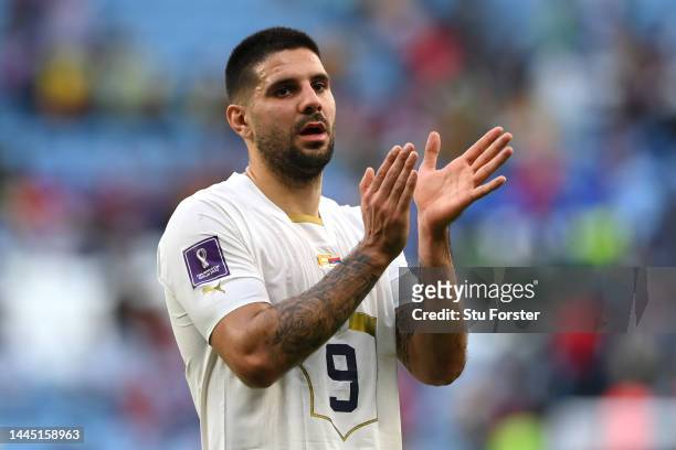 Aleksandar Mitrovic of Serbia applauds fans after the 3-3 draw during the FIFA World Cup Qatar 2022 Group G match between Cameroon and Serbia at Al...