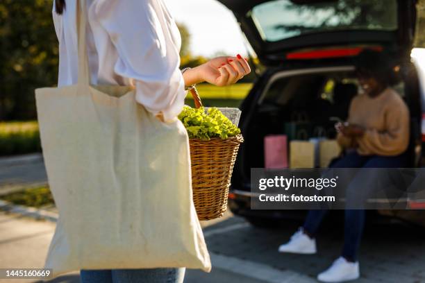 young woman carrying groceries from the farmer's market into car trunk where her friend is sitting - tygkasse bildbanksfoton och bilder