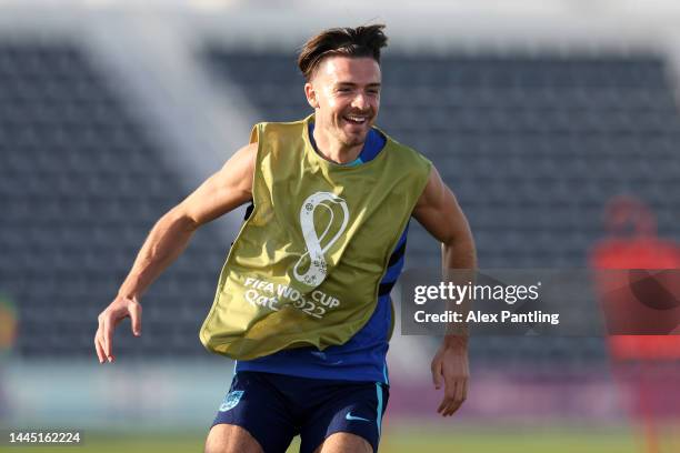 Jack Grealish of England reacts during the England Training Session on match day -1 at Al Wakrah Stadium on November 28, 2022 in Doha, Qatar.