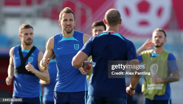Harry Kane of England trains during the England Training Session on match day -1 at Al Wakrah Stadium on November 28, 2022 in Doha, Qatar.