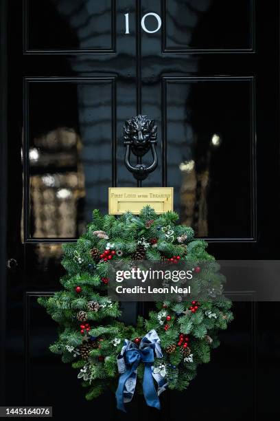 Detail view of the wreath on the door of number 10 at Downing Street, ahead of the switching on of the Christmas tree lights on November 28, 2022 in...