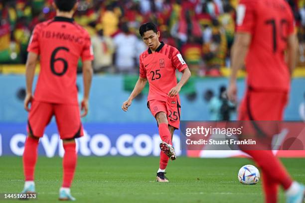 Wooyeong Jeong of Korea Republic kicks off during the FIFA World Cup Qatar 2022 Group H match between Korea Republic and Ghana at Education City...
