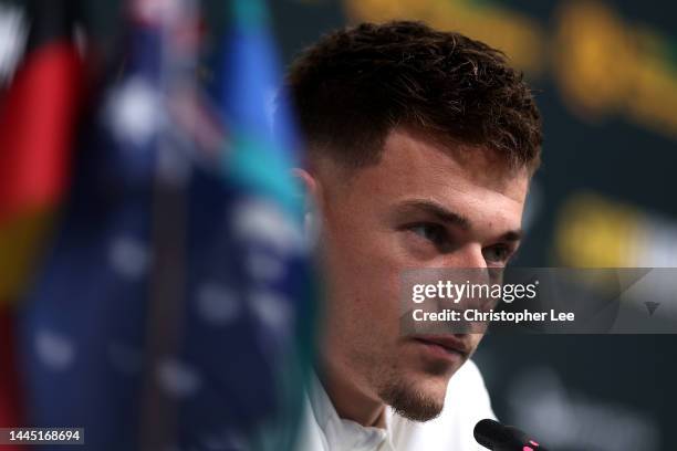 Ajdin Hrustic of Australia speaks during the Australia Press Conference at Aspire Training Facilities on November 28, 2022 in Doha, Qatar.