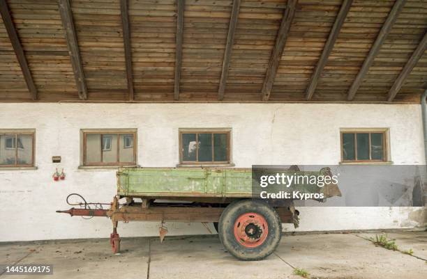 steel trailer  agricultural vehicle - trailer stock-fotos und bilder