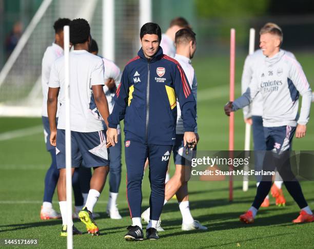Arsenal manager Mikel Arteta during a training session at London Colney on November 28, 2022 in St Albans, England.