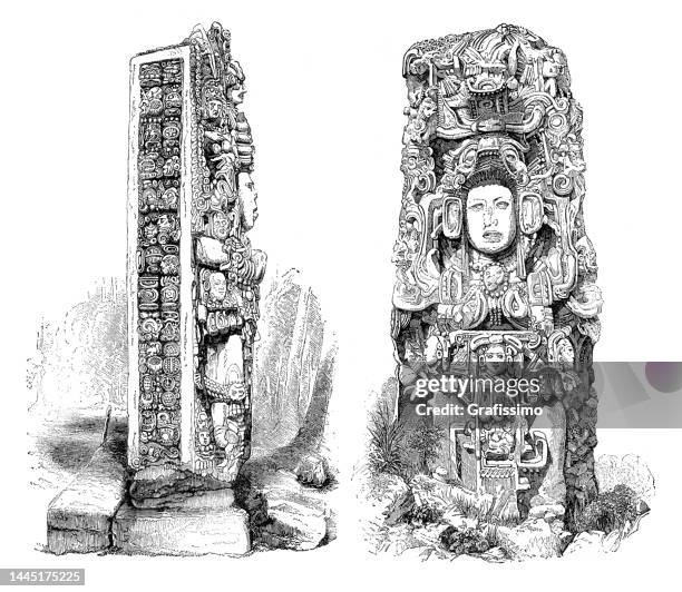 copan stela with maya king smoke shell illustration - paper sculpture stock illustrations