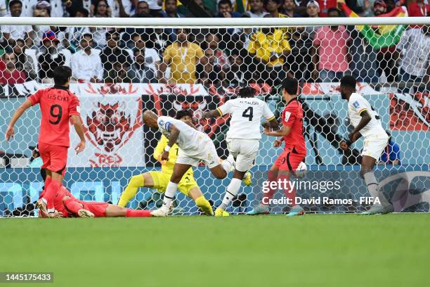 Mohammed Salisu of Ghana scores their team's first goal during the FIFA World Cup Qatar 2022 Group H match between Korea Republic and Ghana at...