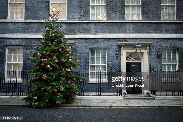 General view of the Christmas tree outside number 10 at Downing Street, ahead of the switching on of the lights on November 28, 2022 in London,...