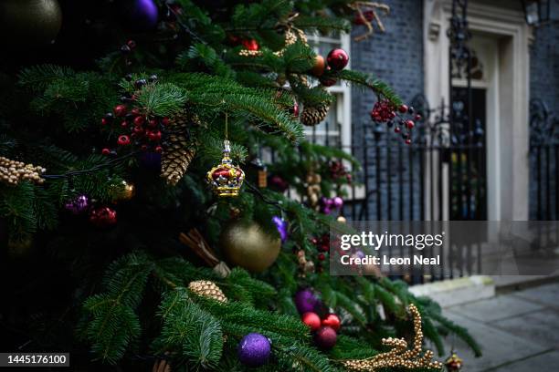 Novelty bauble is seen on the Christmas tree outside number 10 at Downing Street, ahead of the switching on of the lights on November 28, 2022 in...