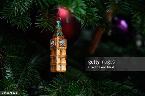 Novelty bauble is seen on the Christmas tree outside number 10 at Downing Street, ahead of the switching on of the lights on November 28, 2022 in...