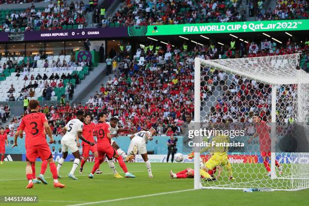 Mohammed Salisu of Ghana scores to give the side a 1-0 lead during the FIFA World Cup Qatar 2022 Group H match between Korea Republic and Ghana at...