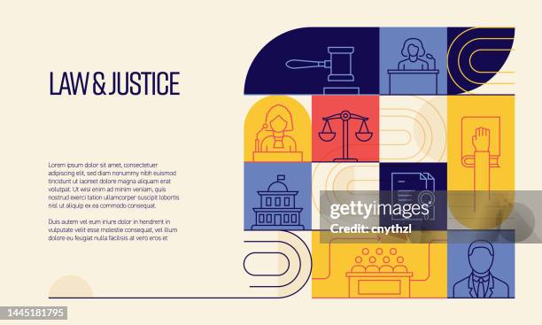 recht und gerechtigkeit verwandtes design mit liniensymbolen. einfache gliederungssymbole. - justitia-waage stock-grafiken, -clipart, -cartoons und -symbole