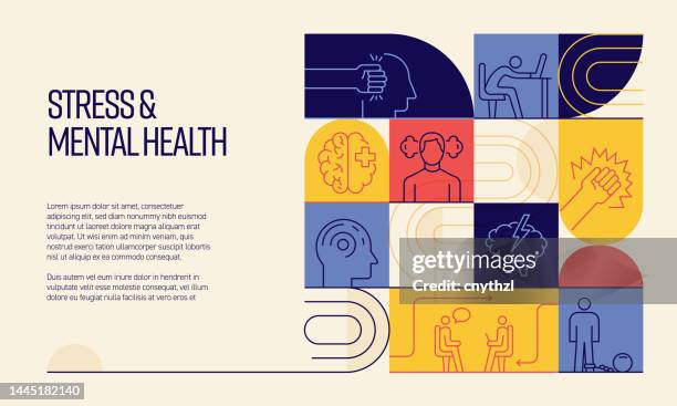 stockillustraties, clipart, cartoons en iconen met stress, depression, mental health related design with line icons. simple outline symbol icons. - geestelijke gezondheid