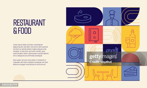 illustrations, cliparts, dessins animés et icônes de conception liée au restaurant et à la nourriture avec des icônes de ligne. icônes de symbole de contour simple. - prendre son repas