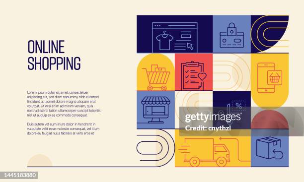 online shopping related design with line icons. simple outline symbol icons. - infographics business store stock illustrations