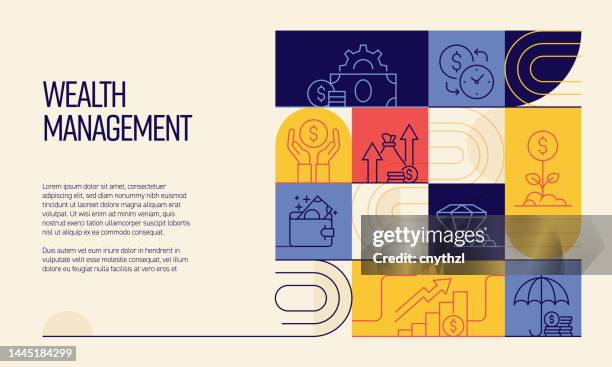 wealth management related design mit liniensymbolen. einfache gliederungssymbole. - finanzplanung stock-grafiken, -clipart, -cartoons und -symbole