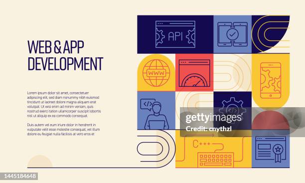 web and app development related design with line icons. simple outline symbol icons. - web development stock illustrations