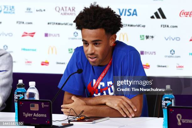 Tyler Adams of United States reacts during the USA Press Conference at Main Media Center on November 28, 2022 in Doha, Qatar.