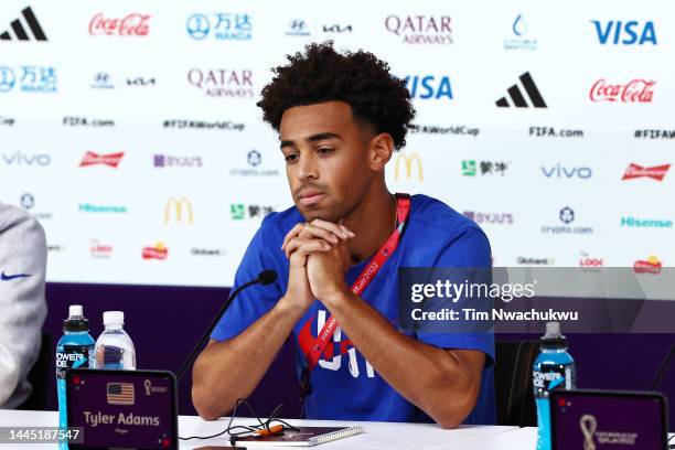 Tyler Adams of United States reacts during the USA Press Conference at Main Media Center on November 28, 2022 in Doha, Qatar.