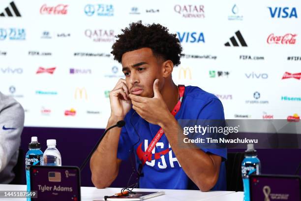 Tyler Adams of United States reacts during the USA Press Conference at Main Media Center on November 28, 2022 in Doha, Qatar.