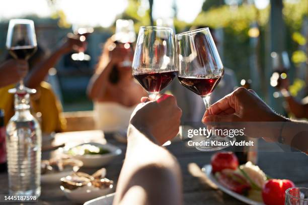 friends toasting glasses with red wine in wedding - red wine glass stockfoto's en -beelden