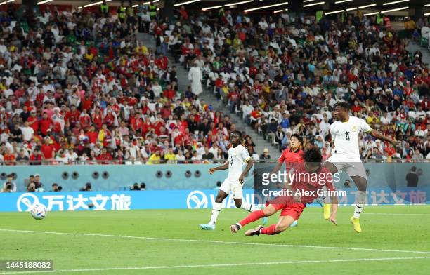 Guesung Cho of Korea Republic scores their team's first goal during the FIFA World Cup Qatar 2022 Group H match between Korea Republic and Ghana at...