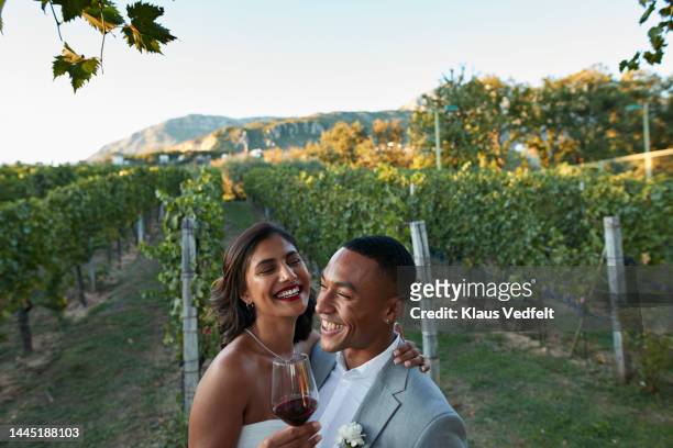 happy married couple enjoying in vineyard - europe bride stock pictures, royalty-free photos & images