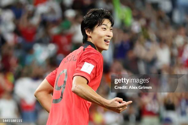 Guesung Cho of Korea Republic celebrates after scoring their team's first goal during the FIFA World Cup Qatar 2022 Group H match between Korea...