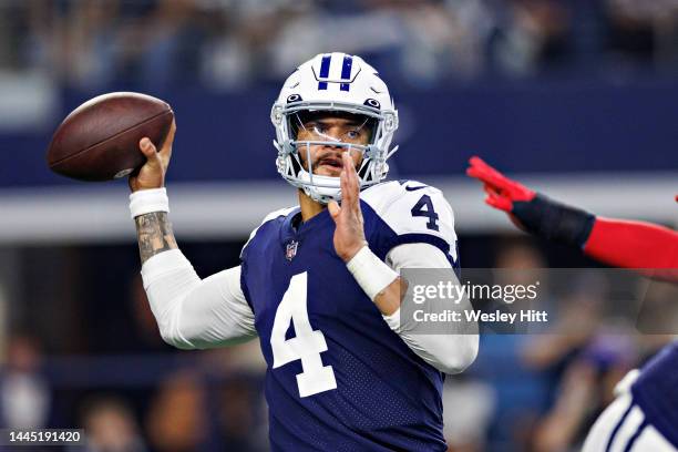 Dak Prescott of the Dallas Cowboys throws a pass during a game against the New York Giants at AT&T Stadium on November 24, 2022 in Arlington, Texas....