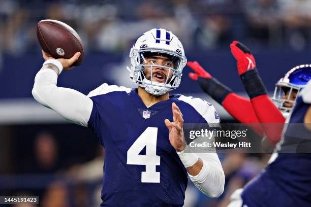 Dak Prescott of the Dallas Cowboys throws a pass during a game against the New York Giants at AT&T Stadium on November 24, 2022 in Arlington, Texas....