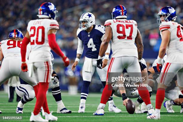 Dak Prescott of the Dallas Cowboys calls the play at the line of scrimmage during a game against the New York Giants at AT&T Stadium on November 24,...