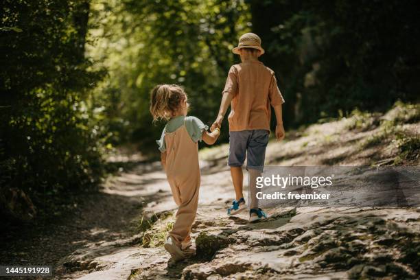kids walking in green forest - lane sisters stockfoto's en -beelden