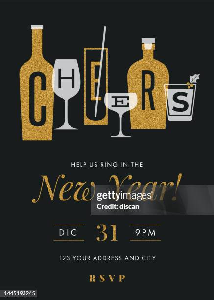 new year party invitation with cheers. - drinking from bottle stock illustrations