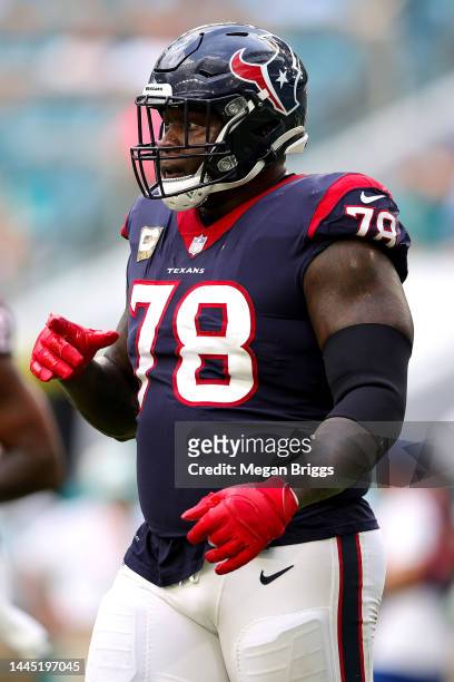 Laremy Tunsil of the Houston Texans looks on against the Miami Dolphins during the second half of the game at Hard Rock Stadium on November 27, 2022...