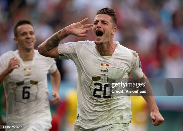 Sergey Milinkovic-Savic of Serbia celebrates his goal during the FIFA World Cup Qatar 2022 Group G match between Cameroon and Serbia at Al Janoub...