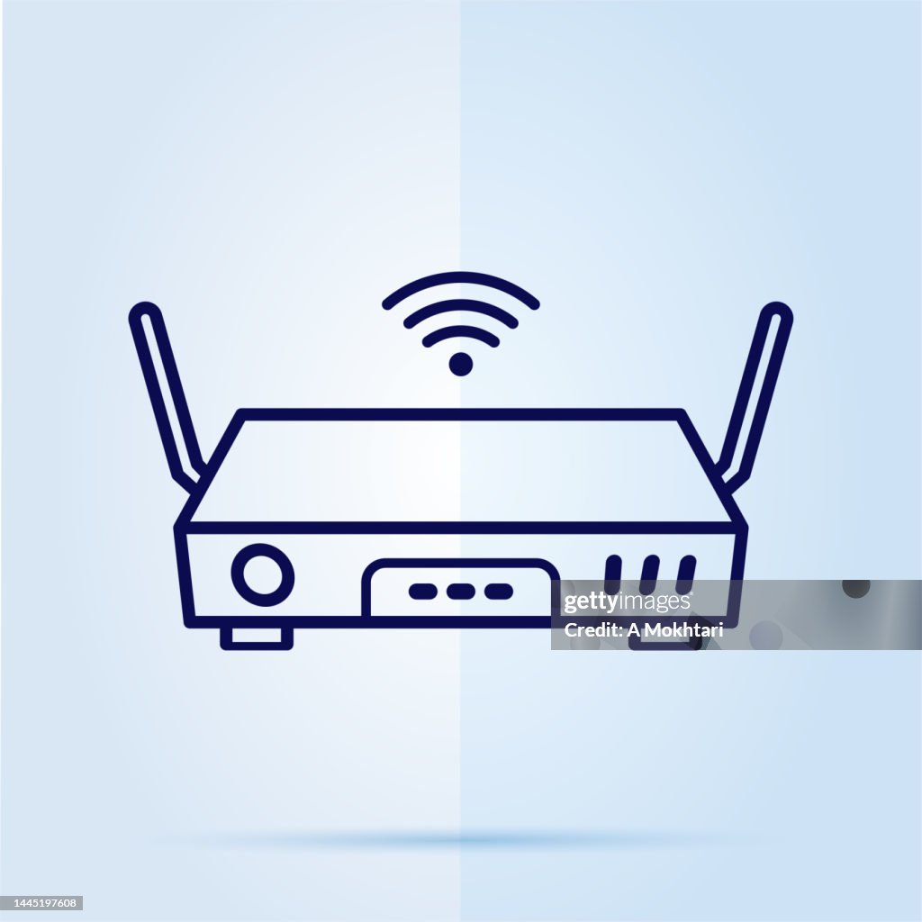 Router icon on blue background.