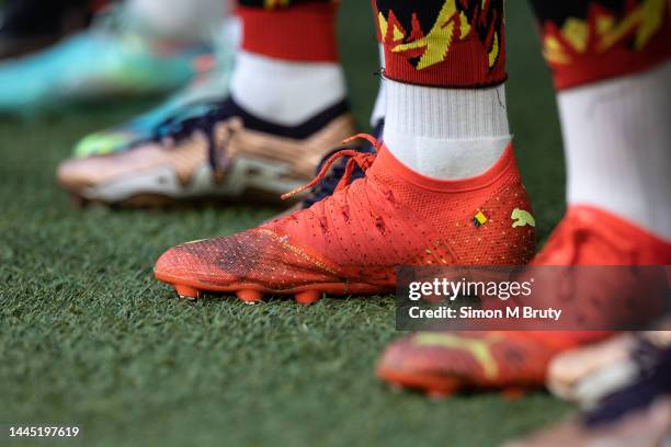 November, 27: Detail of a Belgium players boots on the sideline during the FIFA World Cup Qatar 2022 Group F match between Belgium and Morocco at Al...