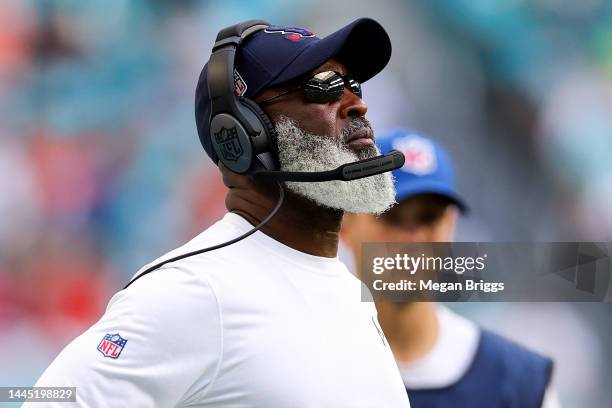 Head coach Lovie Smith of the Houston Texans looks on against the Miami Dolphins during the second half of the game at Hard Rock Stadium on November...