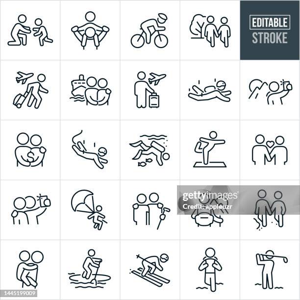 retirement thin line icons - editable stroke - icons include retirement, retired, retiree, elderly, senior, active seniors, sports, recreation, travel, vitality, active lifestyle, grandparent, grandpa, grandchild, sports - retirement icon stock illustrations