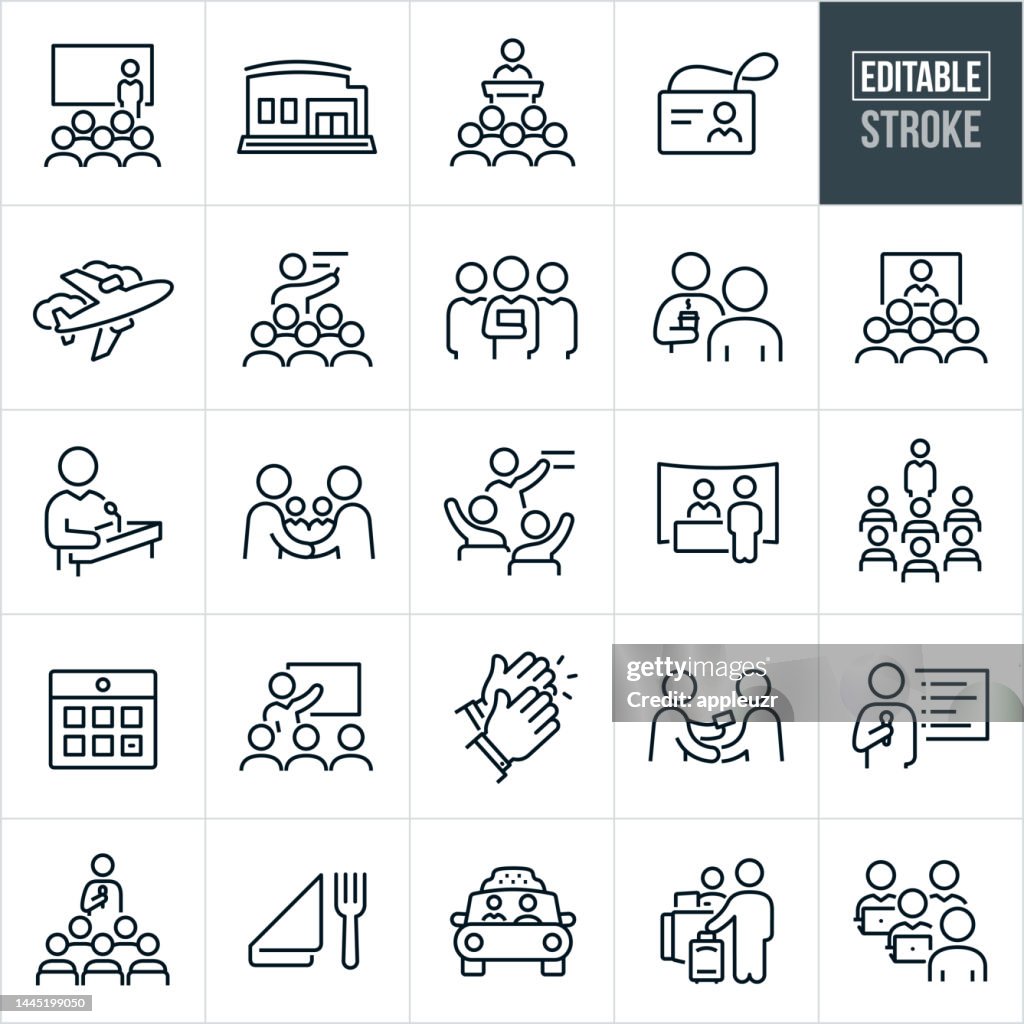 Convention And Seminar Thin Line Icons - Editable Stroke - Icons Include A Convention, Conference, Seminar, Business Convention, Business Conference, Trade Show, Business People, Audience, Presenter, Attendees, Vendors, Networking
