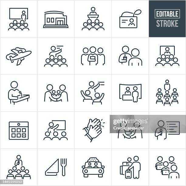 bildbanksillustrationer, clip art samt tecknat material och ikoner med convention and seminar thin line icons - editable stroke - icons include a convention, conference, seminar, business convention, business conference, trade show, business people, audience, presenter, attendees, vendors, networking - mässa