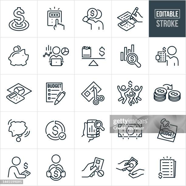 budgeting thin line icons - editable stroke - icons include budgeting, budget, finances, personal budget, financial budget, savings, expenses, person, people, financial goal, expenditures, financial figures, calculator, piggy bank - cutting costs stock illustrations