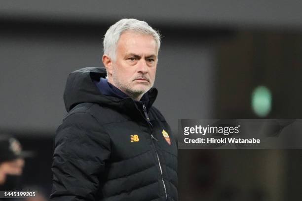 Jose Mourinho,coach of AS Roma looks on during the friendly match between Yokohama F.Marinos and AS Roma at National Stadium on November 28, 2022 in...