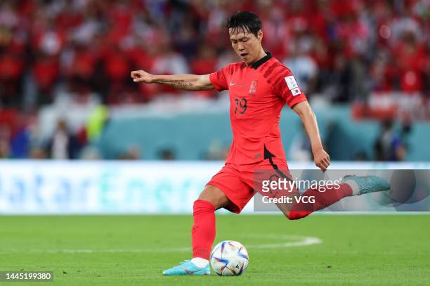 Kim Young-gwon of Korea Republic kicks the ball during the FIFA World Cup Qatar 2022 Group H match between Korea Republic and Ghana at Education City...