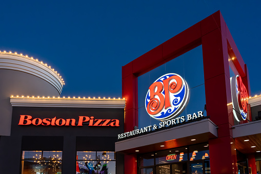 Boston Pizza restaurant in the night in Niagara Falls, Ontario, Canada.