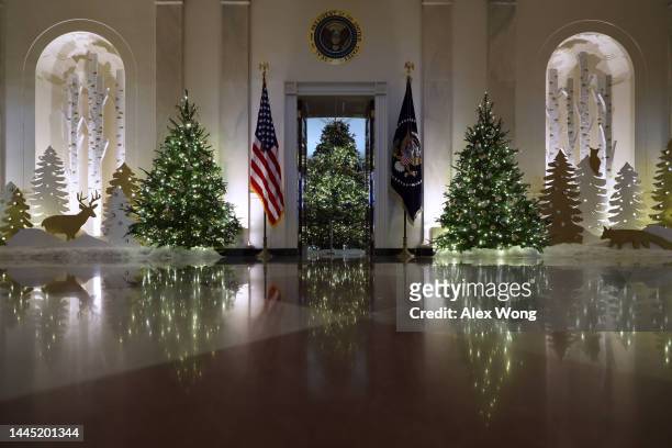 Christmas trees stand in Cross Hall at the White House during a press preview of the holiday décor on November 28, 2022 in Washington, DC. The theme...