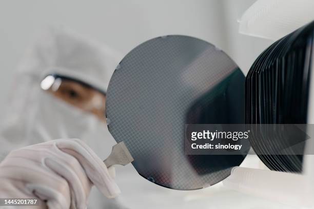 chip engineer is taking wafer out from box - food processor stock-fotos und bilder